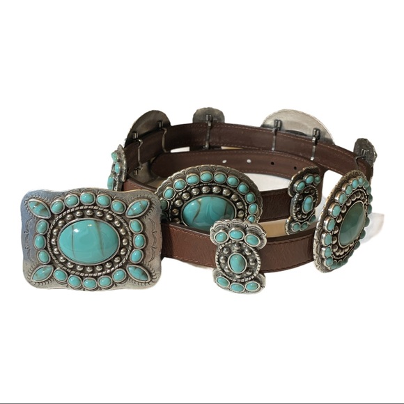 SSM Accessories - SSM Turquoise Butterflies and Conchos Leather Belt